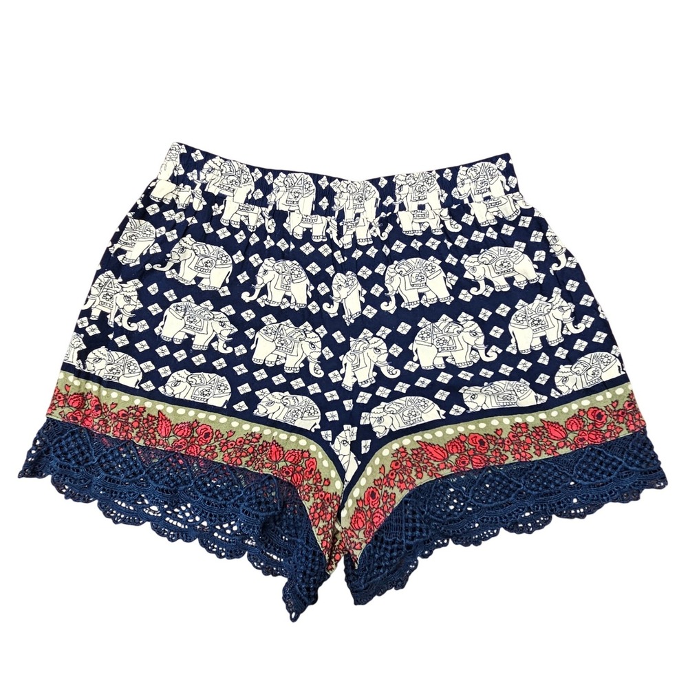 Angie Elephant Print Boho Shorts Festival Crochet Trim Medium